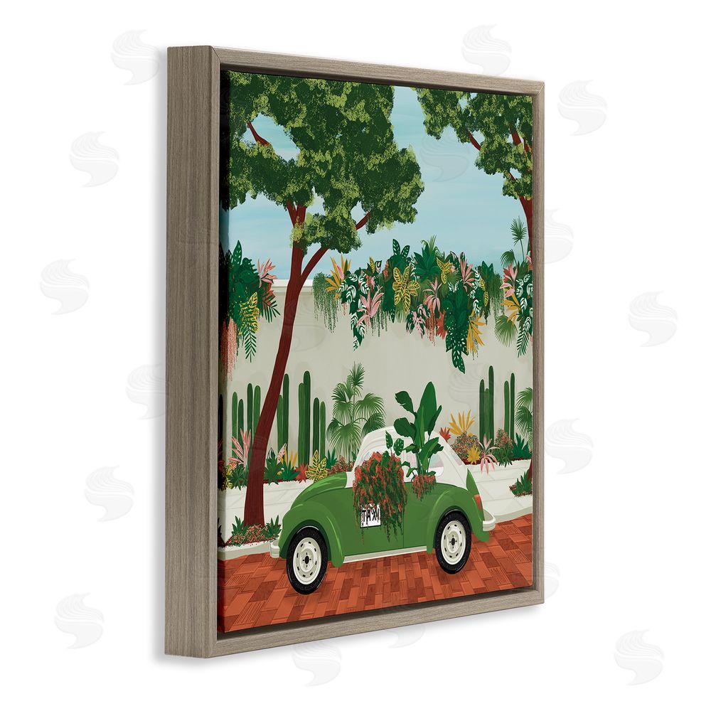 Vero Illustrates Overgrown Garden Taxi Brown Floating Framed Canvas Wall Art