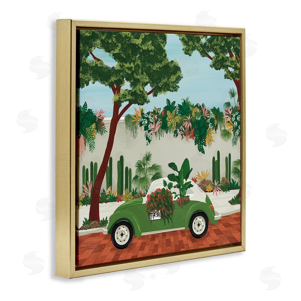Vero Illustrates Overgrown Garden Taxi Gold Floating Framed Canvas Wall Art