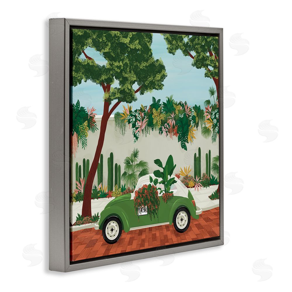Vero Illustrates Overgrown Garden Taxi Gray Floating Framed Canvas Wall Art