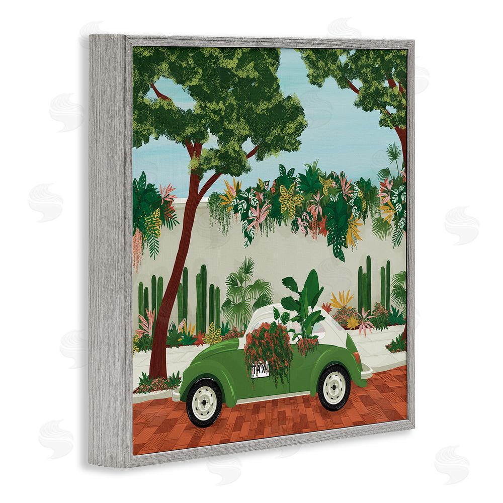Vero Illustrates Overgrown Garden Taxi Gray Framed Giclee Wall Art
