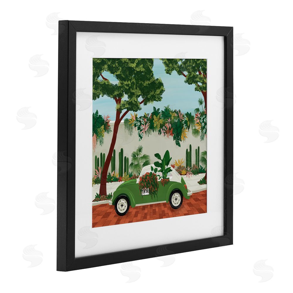 Vero Illustrates Overgrown Garden Taxi Black Framed Print Under Glass Wall Art