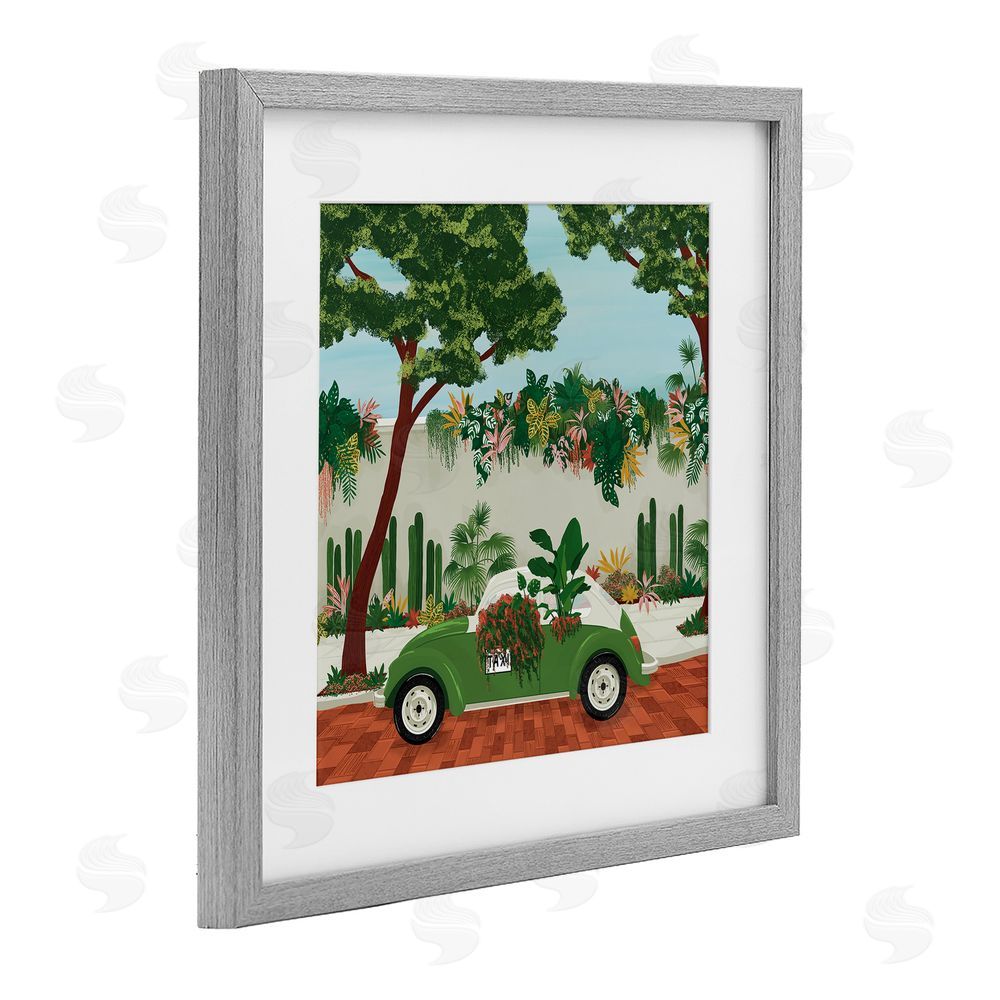 Vero Illustrates Overgrown Garden Taxi Gray Framed Print Under Glass Wall Art