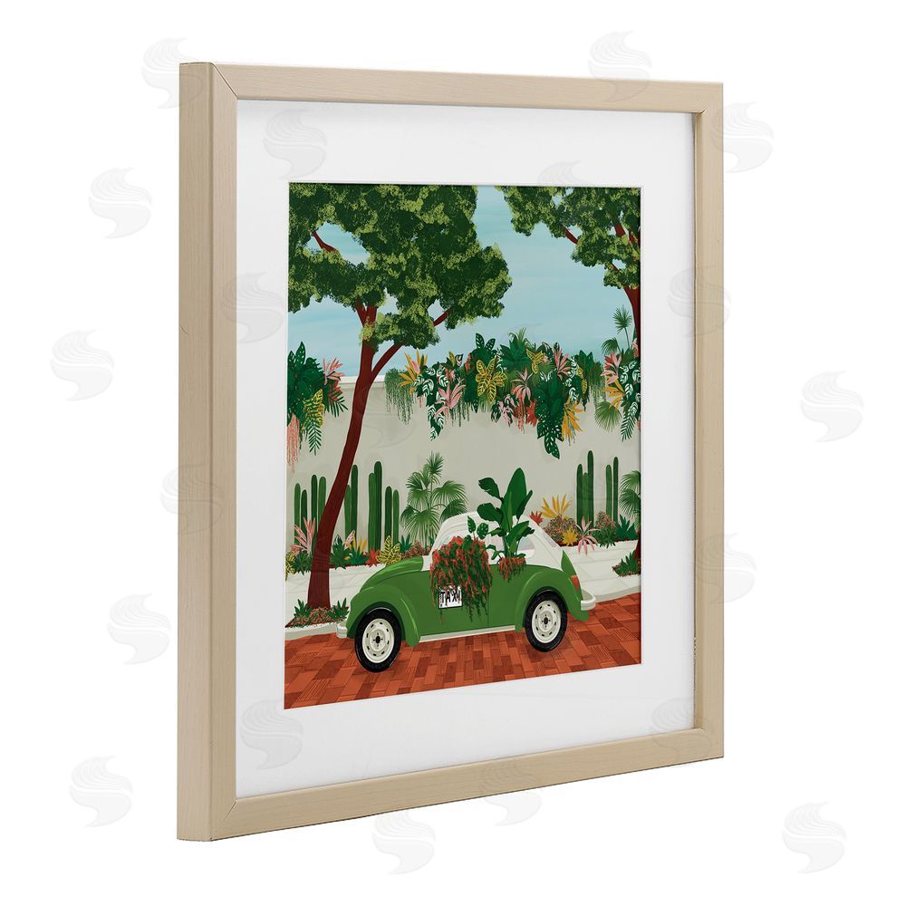 Vero Illustrates Overgrown Garden Taxi Brown Framed Print Under Glass Wall Art