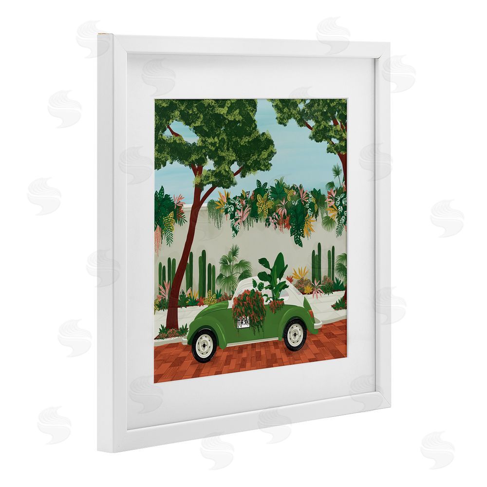 Vero Illustrates Overgrown Garden Taxi White Framed Print Under Glass Wall Art