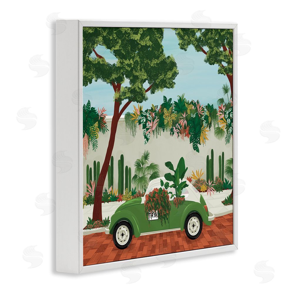 Vero Illustrates Overgrown Garden Taxi White Framed Giclee Wall Art