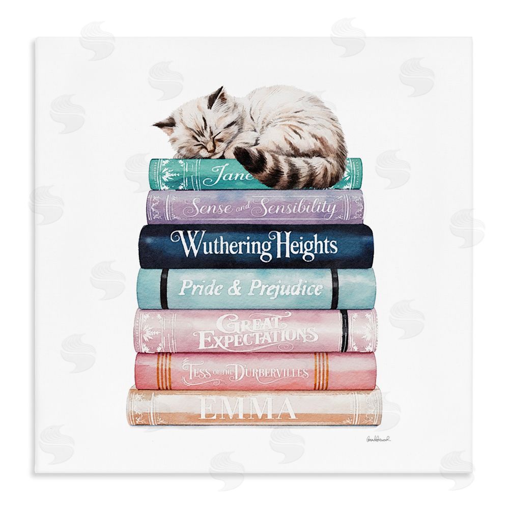 Amanda Greenwood Sleeping Cat Atop Books Stretched Canvas Wall Art Print