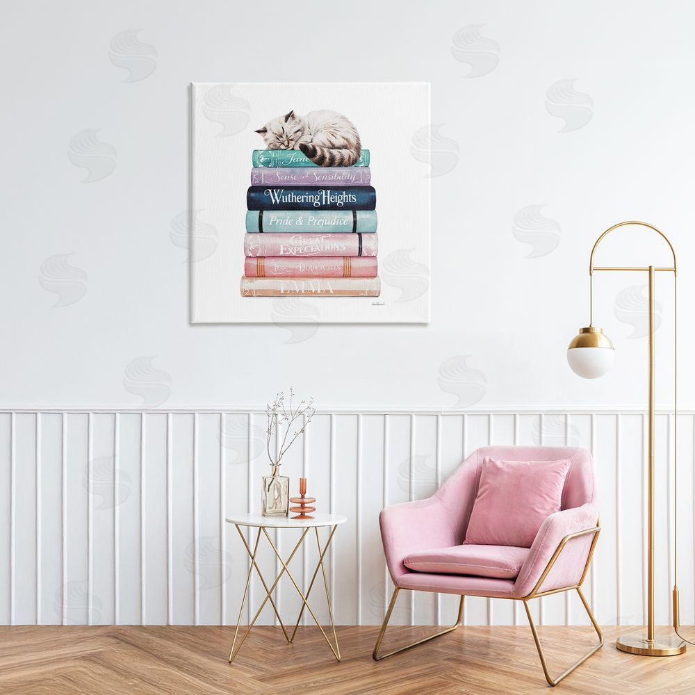 Amanda Greenwood Sleeping Cat Atop Books Stretched Canvas on Wall