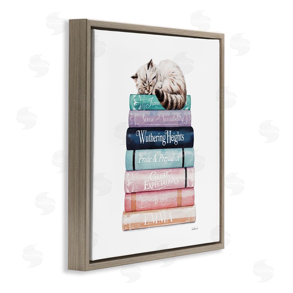 Amanda Greenwood Sleeping Cat Atop Books Brown Floating Framed Canvas Wall Art Print