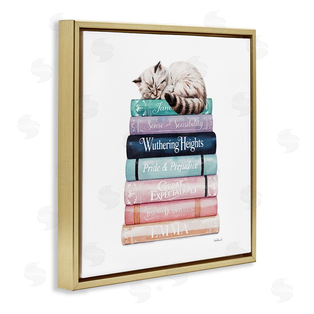 Amanda Greenwood Sleeping Cat Atop Books Gold Floating Framed Canvas Wall Art Print