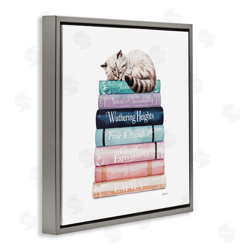 Amanda Greenwood Sleeping Cat Atop Books Gray Floating Framed Canvas Wall Art Print