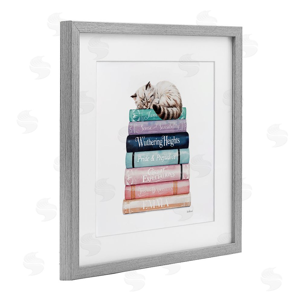 Amanda Greenwood Sleeping Cat Atop Books Gray Framed Print Under Glass with White Mat Wall Art