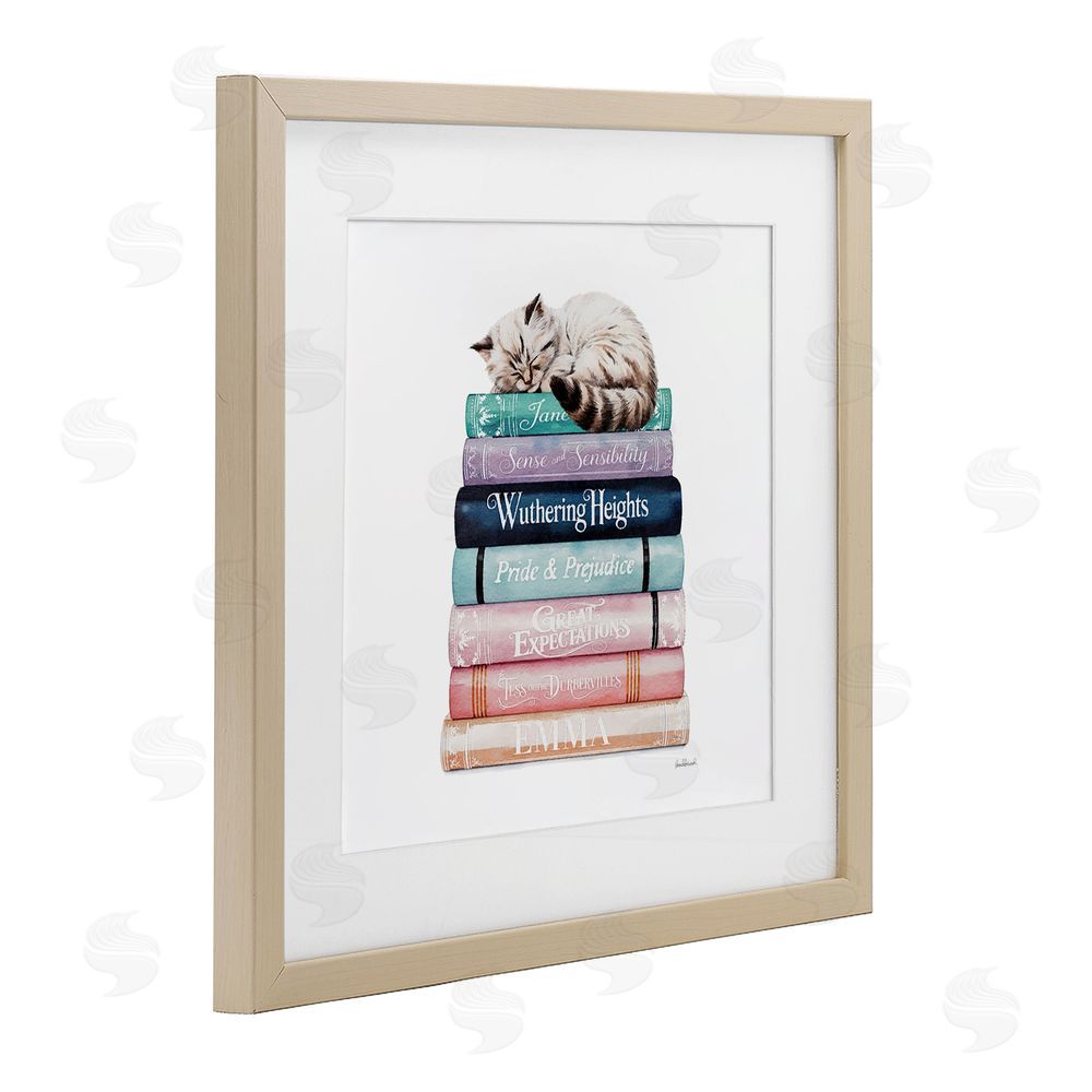 Amanda Greenwood Sleeping Cat Atop Books Brown Framed Print Under Glass with White Mat Wall Art