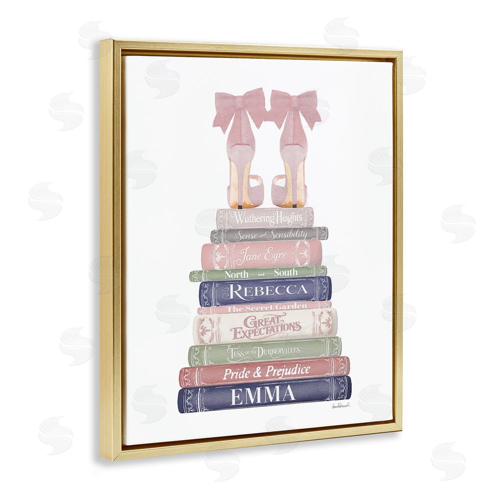 Amanda Greenwood Heels Atop Classic Books Gold Floating Framed Canvas Wall Art