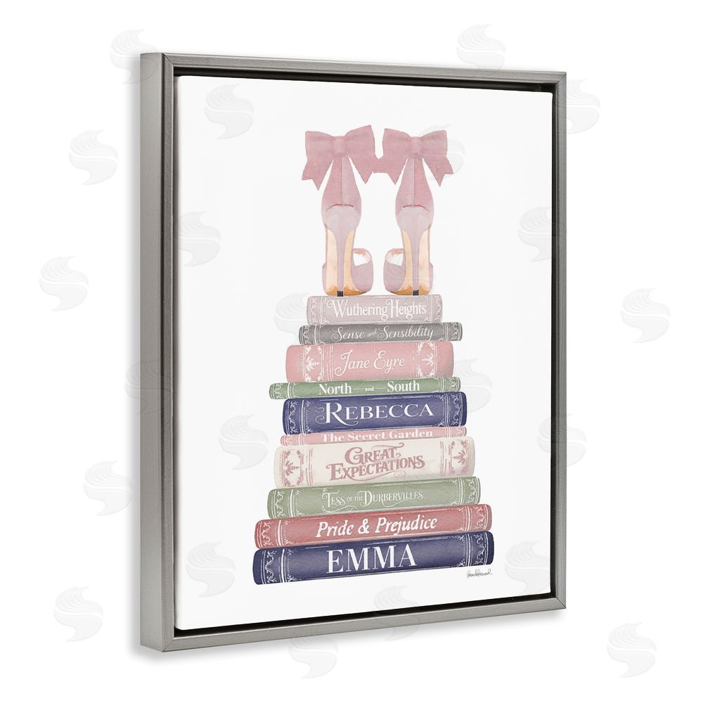 Amanda Greenwood Heels Atop Classic Books Gray Floating Framed Canvas Wall Art
