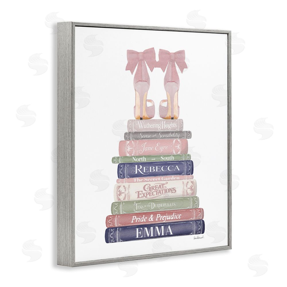 Amanda Greenwood Heels Atop Classic Books Gray Framed Giclee Wall Art