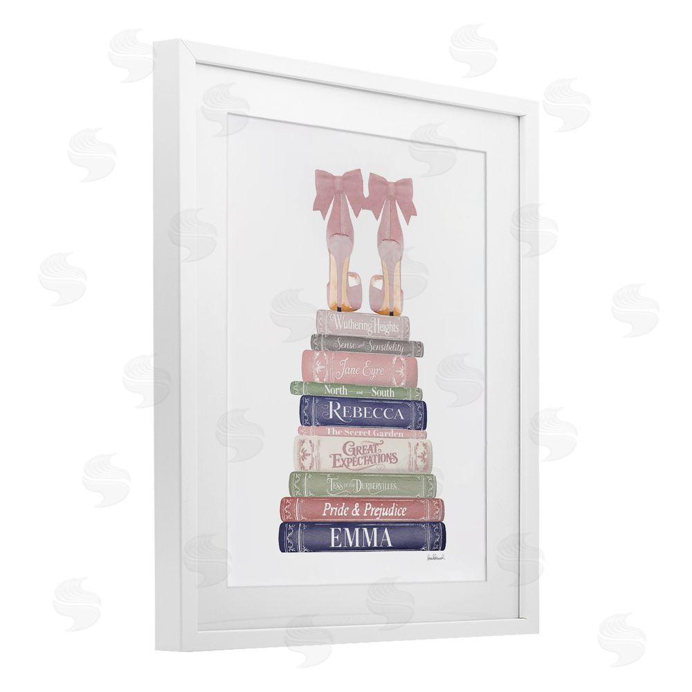 Amanda Greenwood Heels Atop Classic Books White Framed Print Under Glass Wall Art