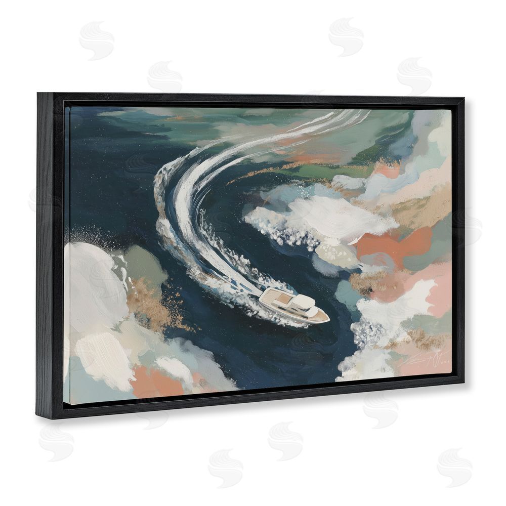 Chromatic Storm Studio Boat Wake From Above Black Floating Frame Stretched Canvas Wall Art Print