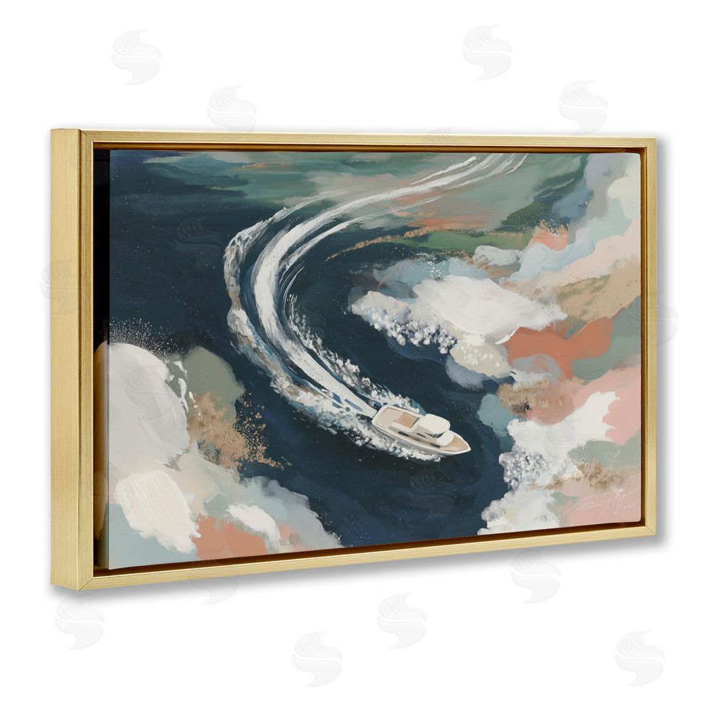 Chromatic Storm Studio Boat Wake From Above Gold Floating Frame Stretched Canvas Wall Art Print