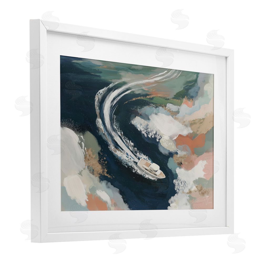 Chromatic Storm Studio Boat Wake From Above White Framed Print Under Glass with Matting Wall Art