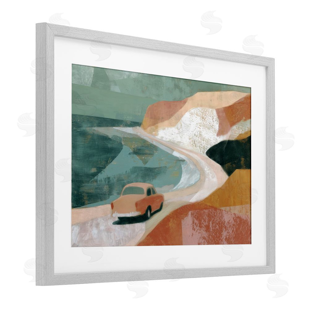 Chromatic Storm Studio Classic Car on Coastal Highway Gray Framed Print Under Glass Wall Art