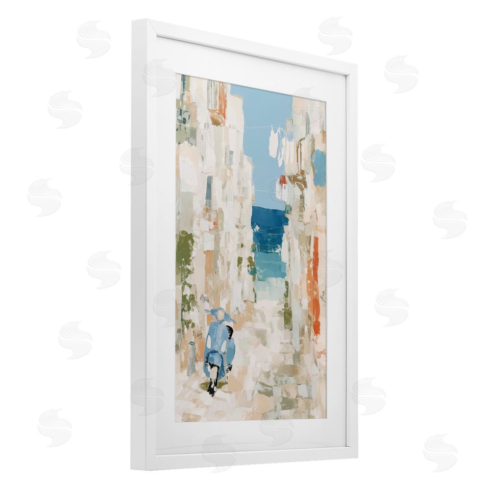 Chromatic Storm Studio Narrow Alley with Vespa White Framed Print Under Glass Wall Art