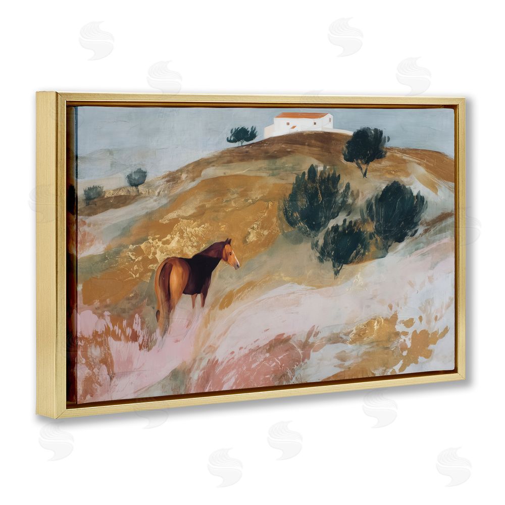 Chromatic Storm Studio Horse in Tuscan Countryside Gold Floating Framed Canvas Wall Art