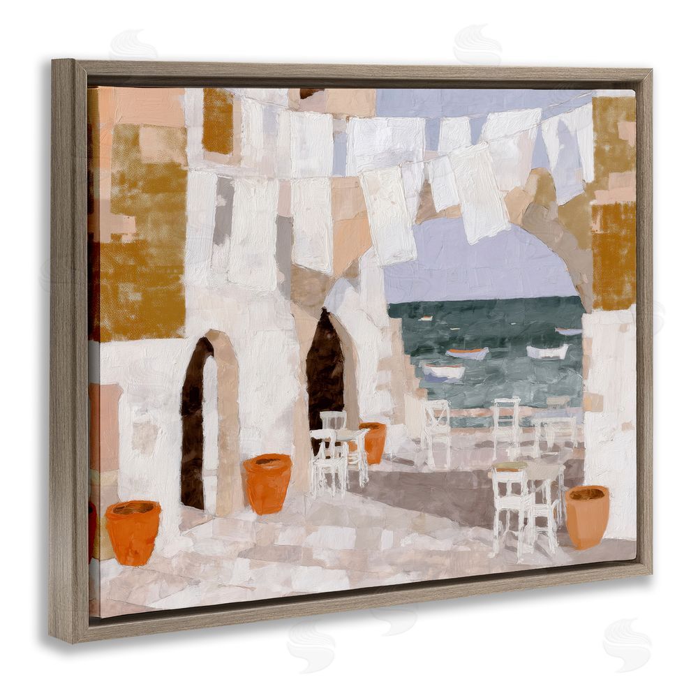 Chromatic Storm Studio Coastal Village Plaza Laundry Brown Floating Frame Canvas Wall Art Print