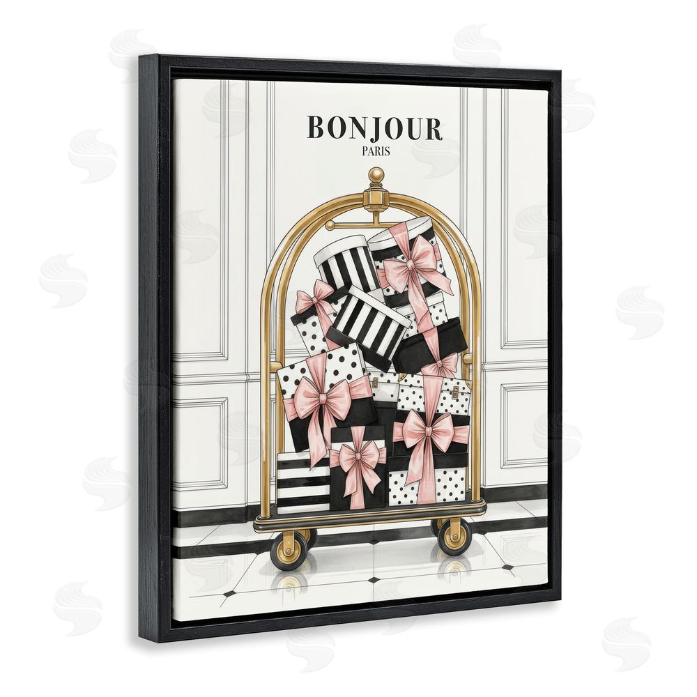 A Barefoot Stylist Bonjour Paris Shopping Luggage Black Floating Frame Canvas Wall Art Print