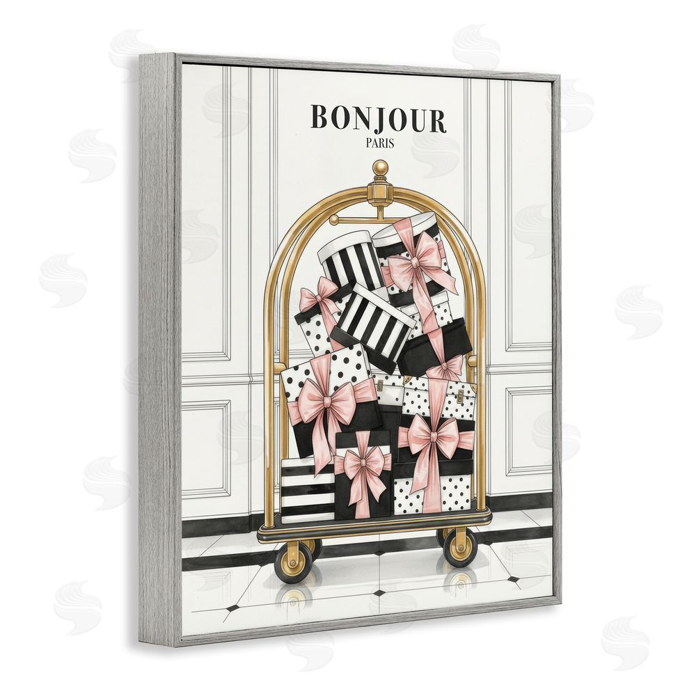 A Barefoot Stylist Bonjour Paris Shopping Luggage Gray Framed Giclee Wall Art Print