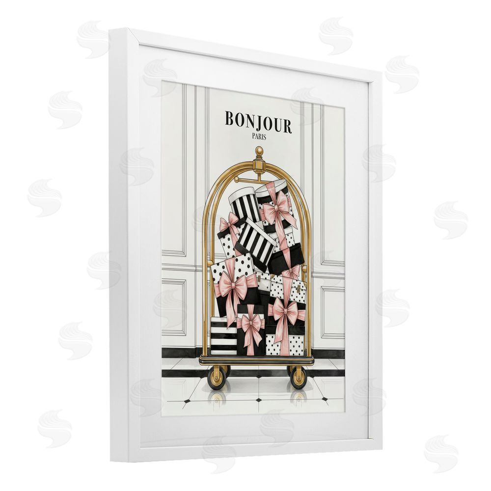 A Barefoot Stylist Bonjour Paris Shopping Luggage White Framed Print Under Glass Wall Art