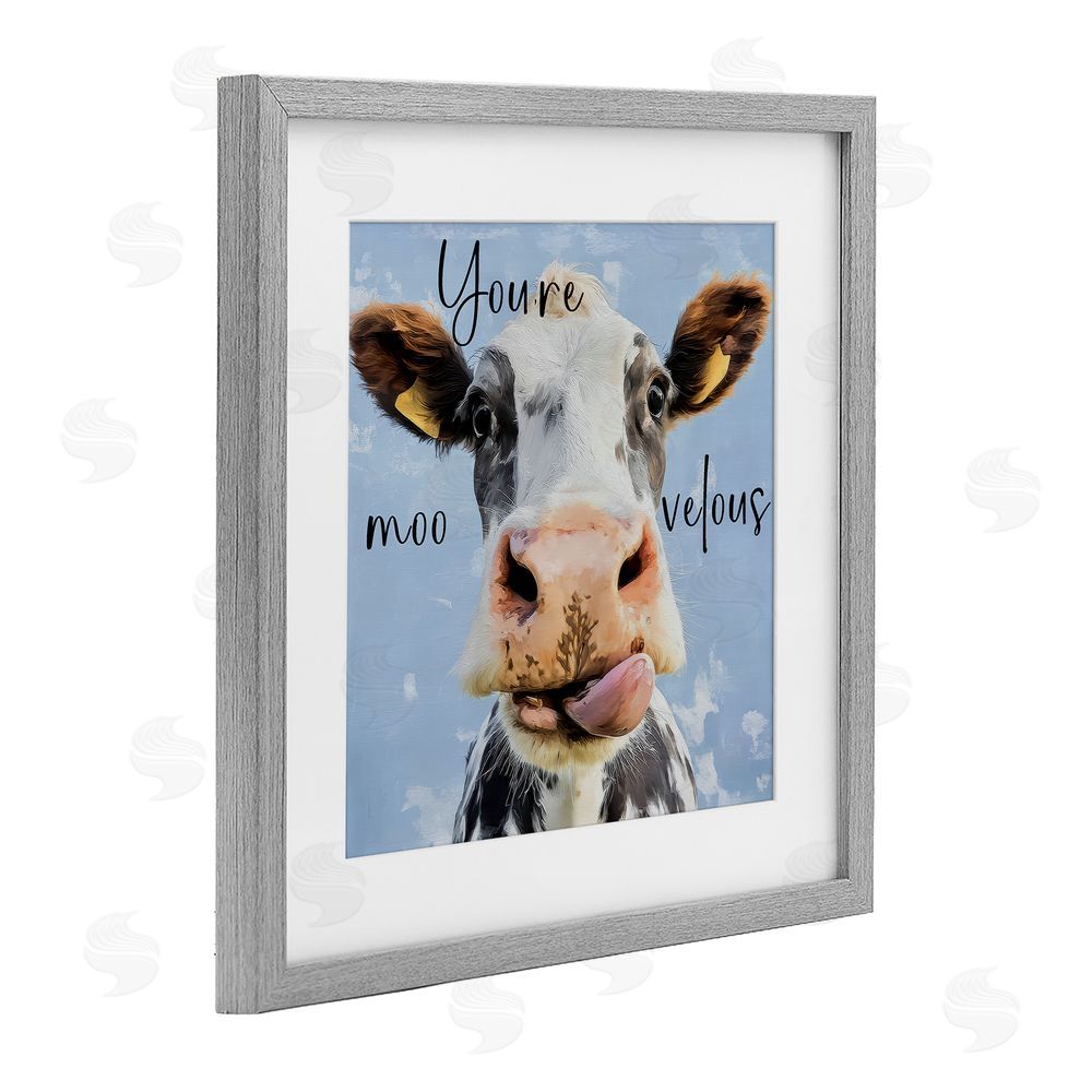 Kim Curinga You're Moo-velous Cow Gray Framed Print Under Glass with White Mat Wall Art