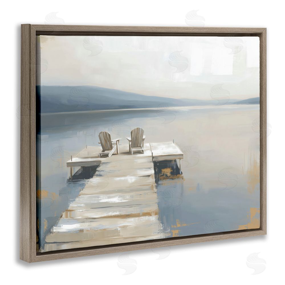 Kim Curinga Adirondack Chairs on Pier Brown Floating Frame Stretched Canvas Wall Art Print