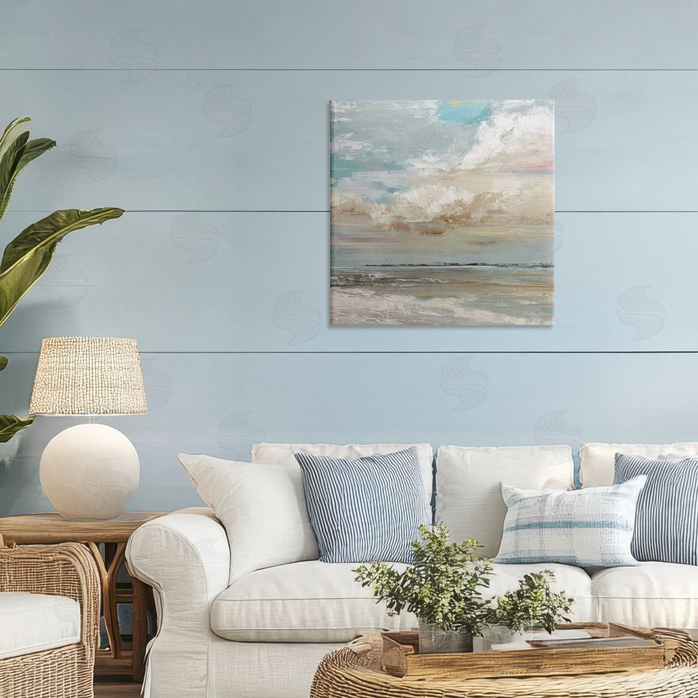 Kim Curinga Cloudy Beach Brushstrokes Stretched Canvas Wall Art in Room