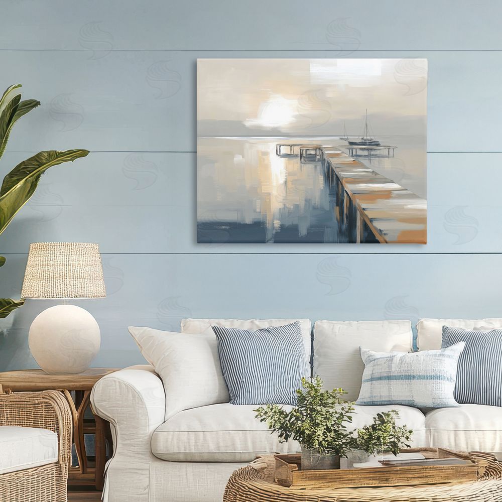 Kim Curinga Pier with Sailboat Seascape Stretched Canvas Wall Art in Room