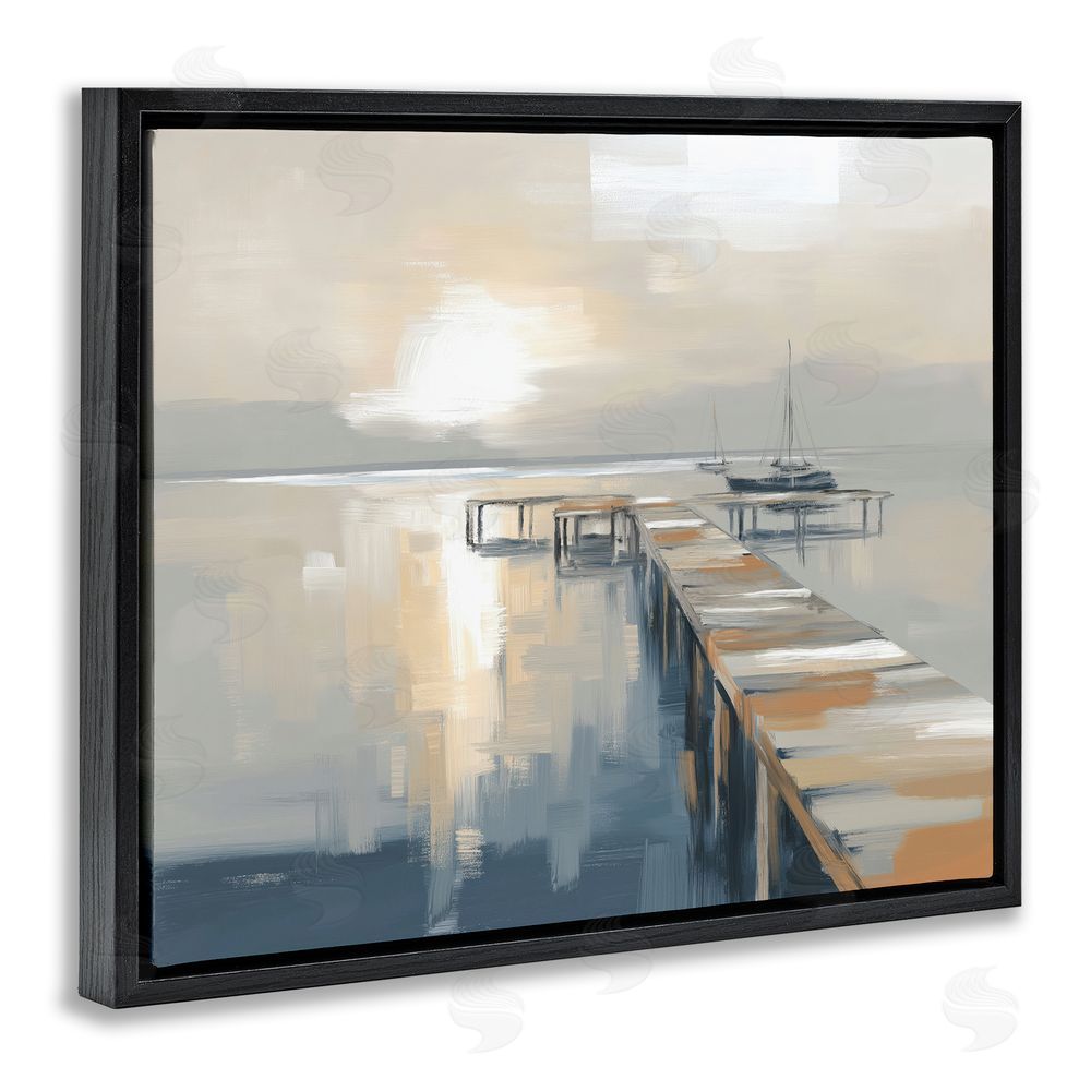 Kim Curinga Pier with Sailboat Seascape Black Floating Framed Canvas Wall Art