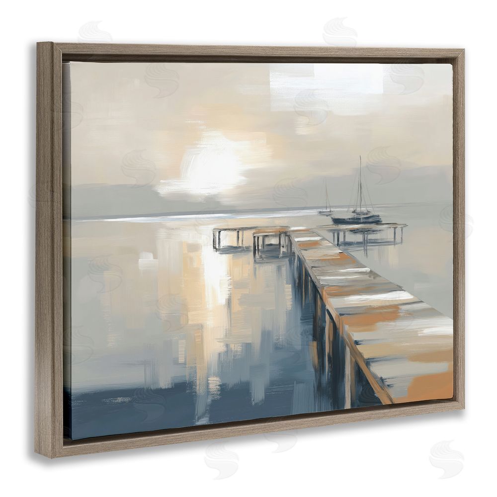 Kim Curinga Pier with Sailboat Seascape Brown Floating Framed Canvas Wall Art