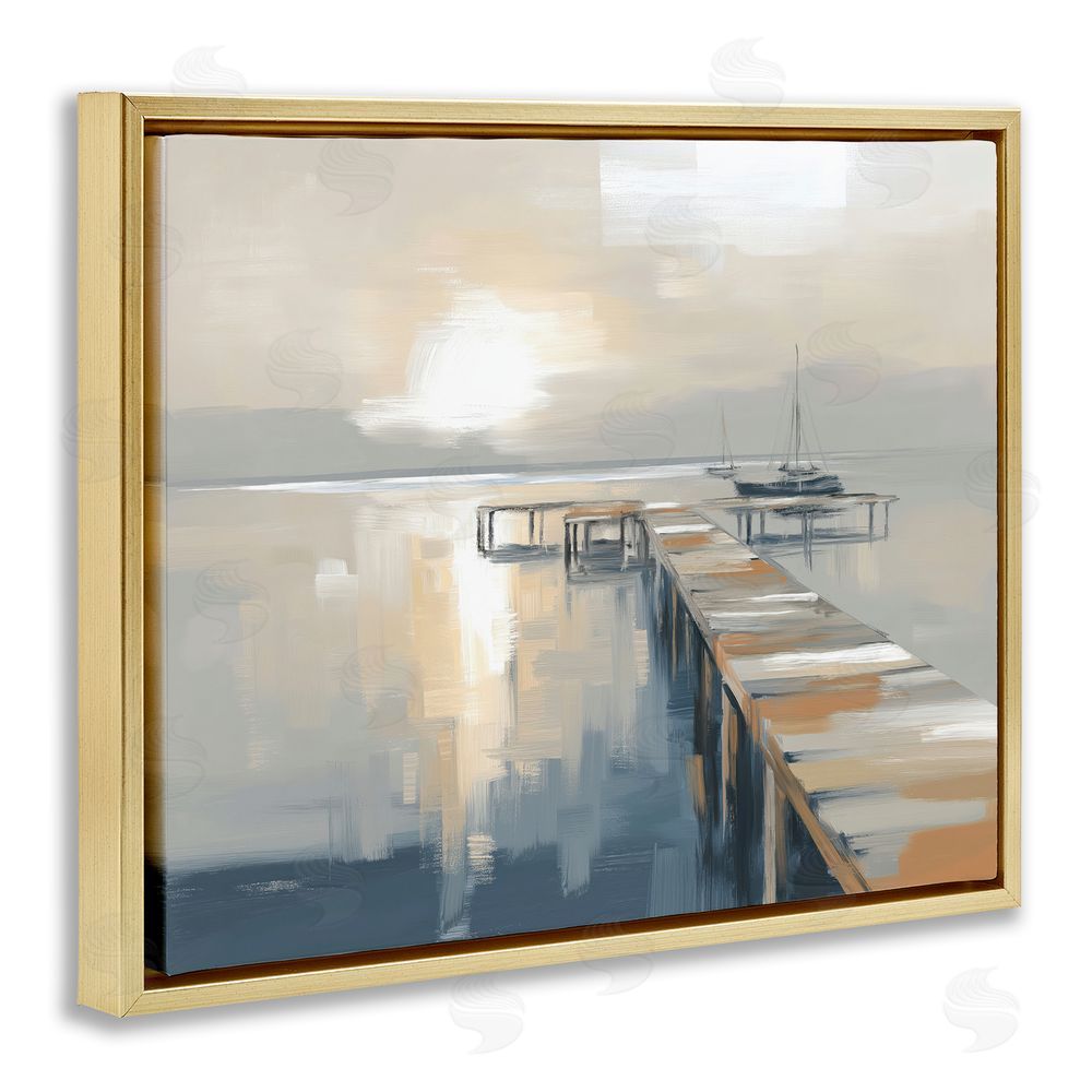 Kim Curinga Pier with Sailboat Seascape Gold Floating Framed Canvas Wall Art