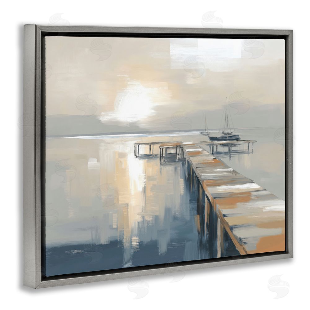 Kim Curinga Pier with Sailboat Seascape Gray Floating Framed Canvas Wall Art