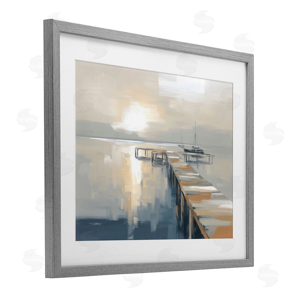 Kim Curinga Pier with Sailboat Seascape Gray Framed Print Under Glass Wall Art