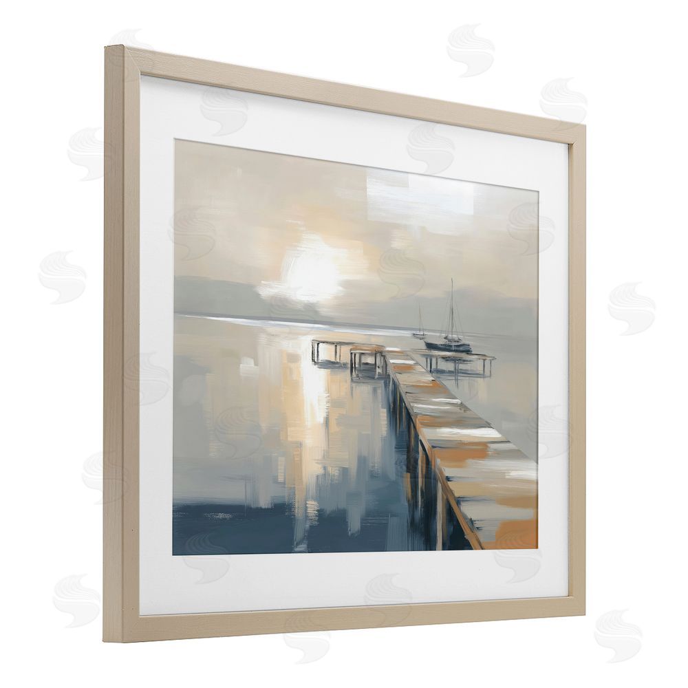 Kim Curinga Pier with Sailboat Seascape Brown Framed Print Under Glass Wall Art