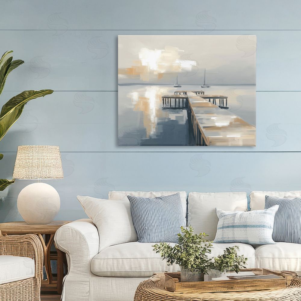 Kim Curinga Pier with Two Boats Seascape Stretched Canvas Wall Art in Room