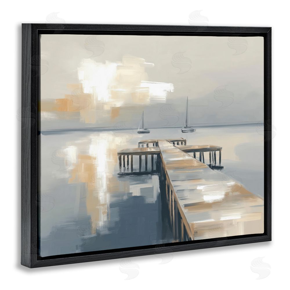 Kim Curinga Pier with Two Boats Seascape Black Floating Framed Canvas Wall Art