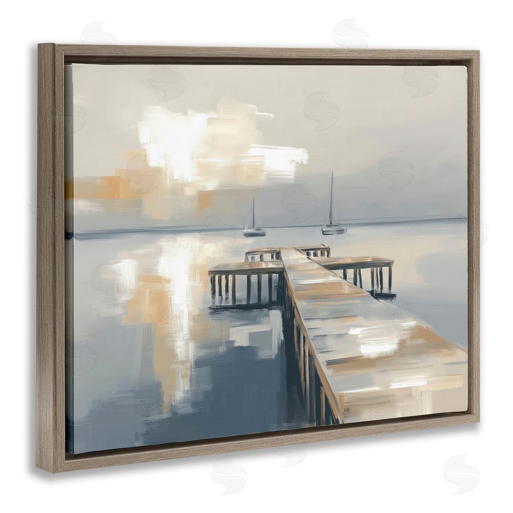 Kim Curinga Pier with Two Boats Seascape Brown Floating Framed Canvas Wall Art