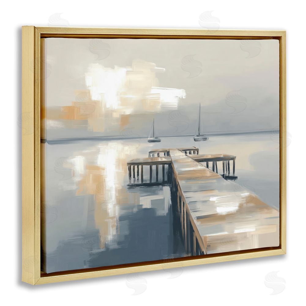Kim Curinga Pier with Two Boats Seascape Gold Floating Framed Canvas Wall Art