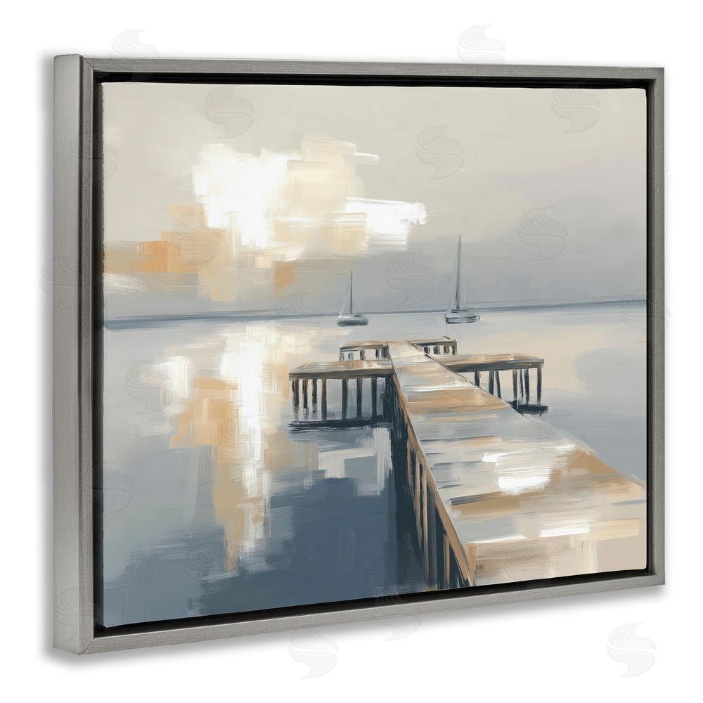 Kim Curinga Pier with Two Boats Seascape Gray Floating Framed Canvas Wall Art