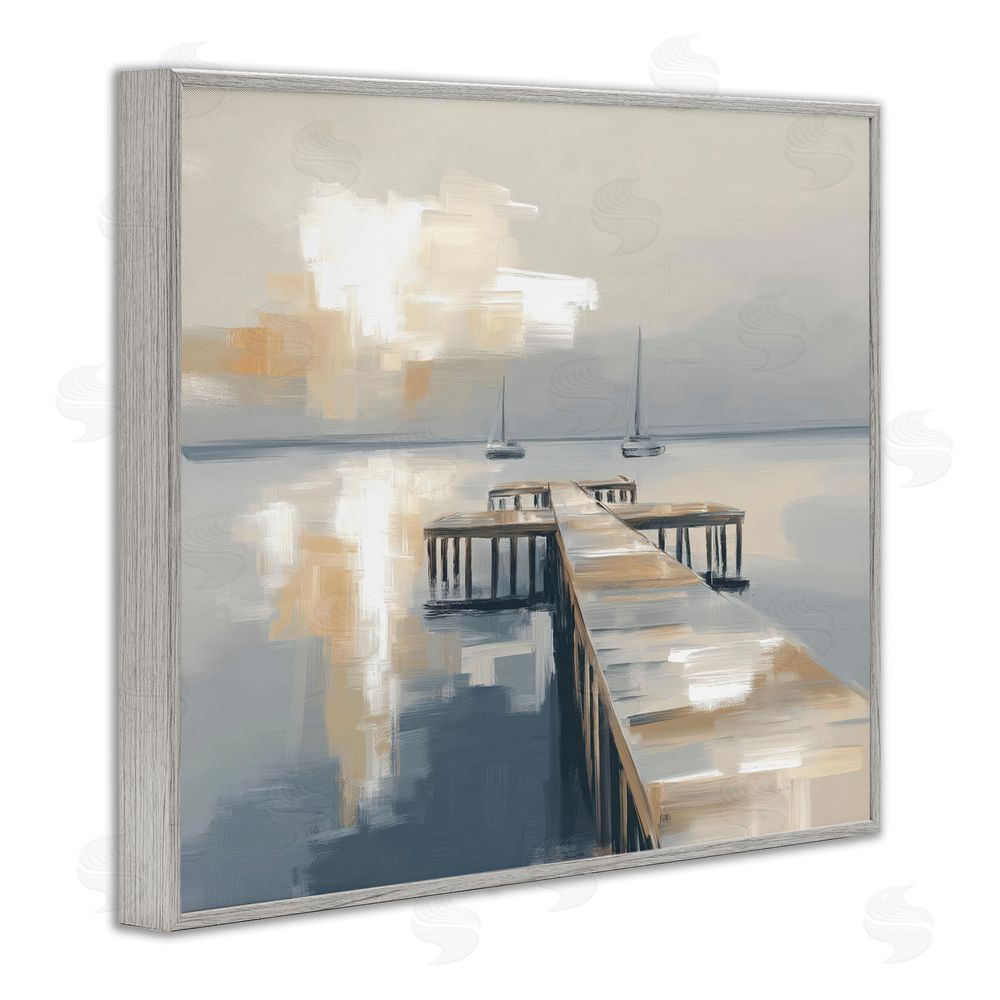 Kim Curinga Pier with Two Boats Seascape Gray Framed Giclee Wall Art