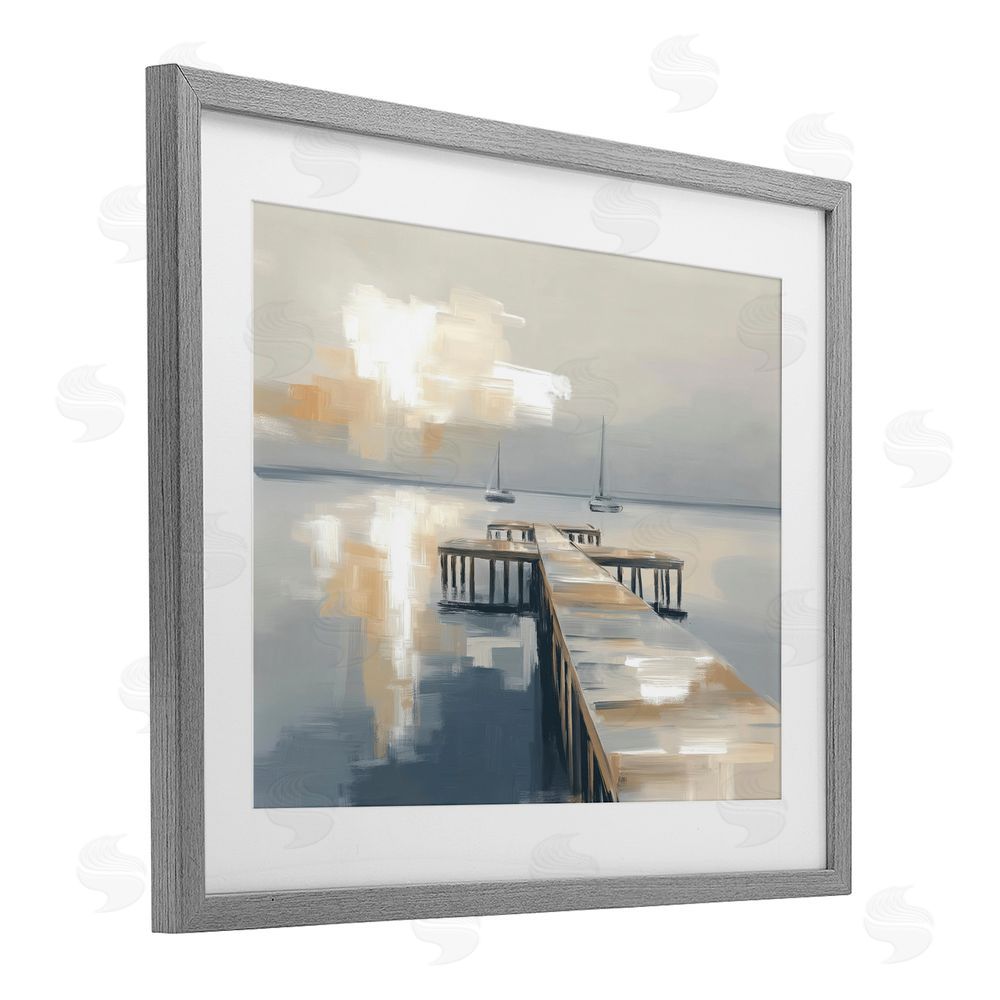 Kim Curinga Pier with Two Boats Seascape Gray Framed Print Under Glass Wall Art