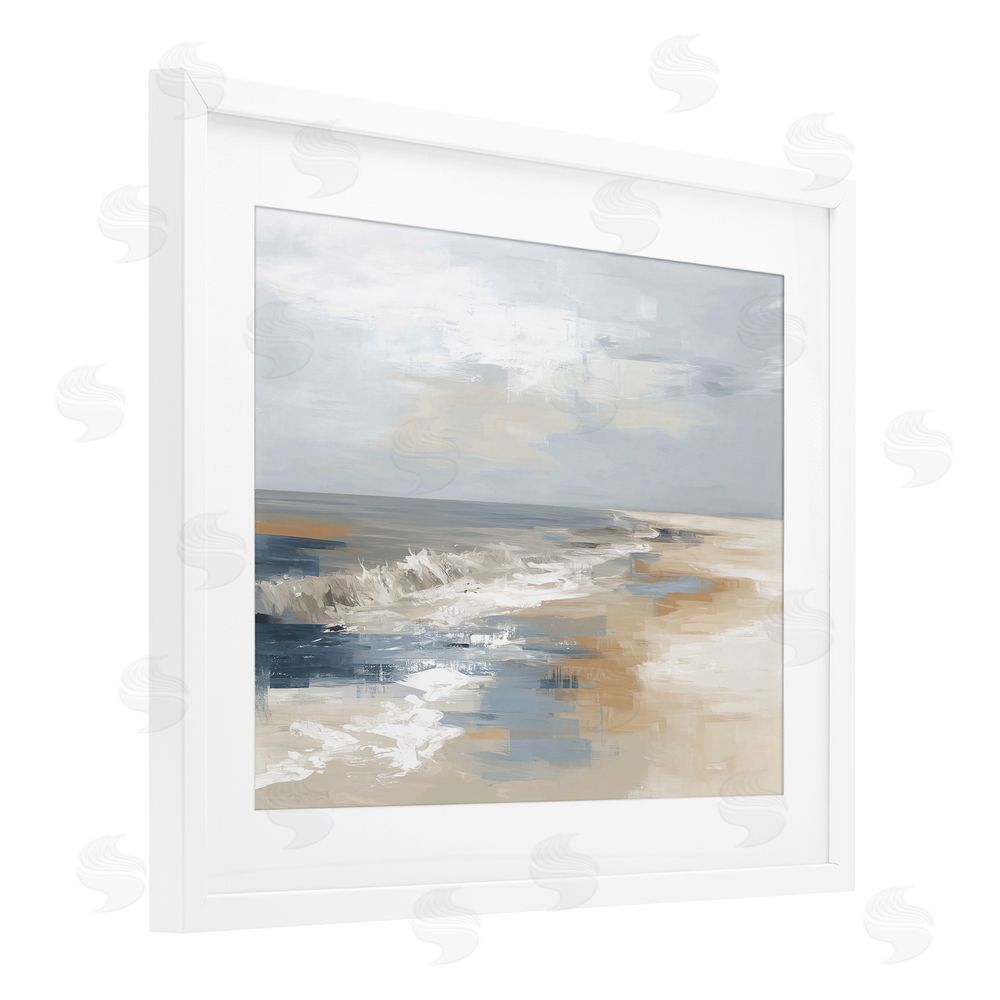 Kim Curinga Tranquil Beach in Neutrals White Framed Print Under Glass with White Mat Wall Art
