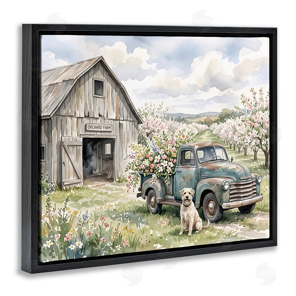 Tabz Jones Spring Orchard and Truck Black Floating Framed Canvas Wall Art Print