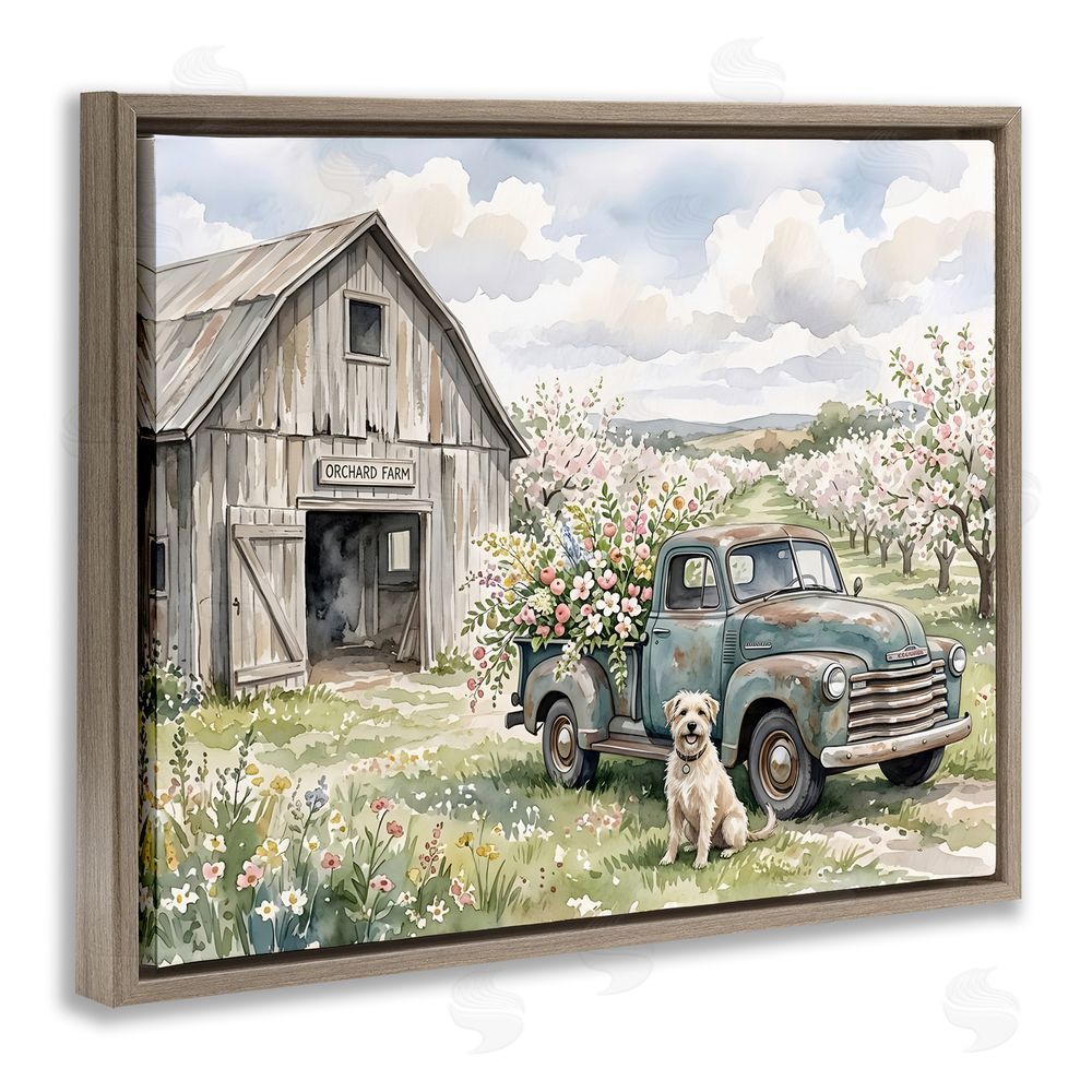 Tabz Jones Spring Orchard and Truck Brown Floating Framed Canvas Wall Art Print